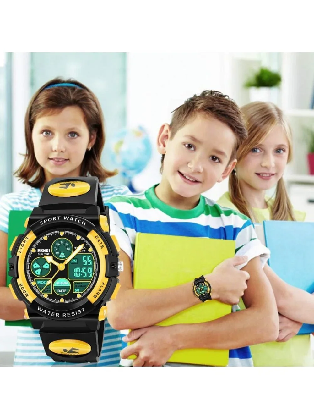 Kid's Black And Yellow Analog Quartz Multi Function Waterproof LED Digital Watch
